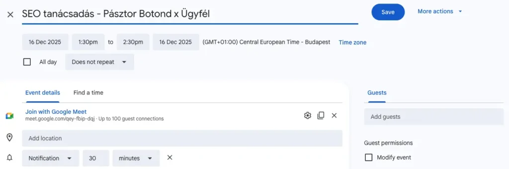 SEO tanácsadás Pásztor Botonddal Google Meeten